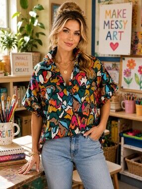 Emily McCarthy Poppy Top Fall Ikat Multicolor Abstract Print Dolman Sleeve | Med